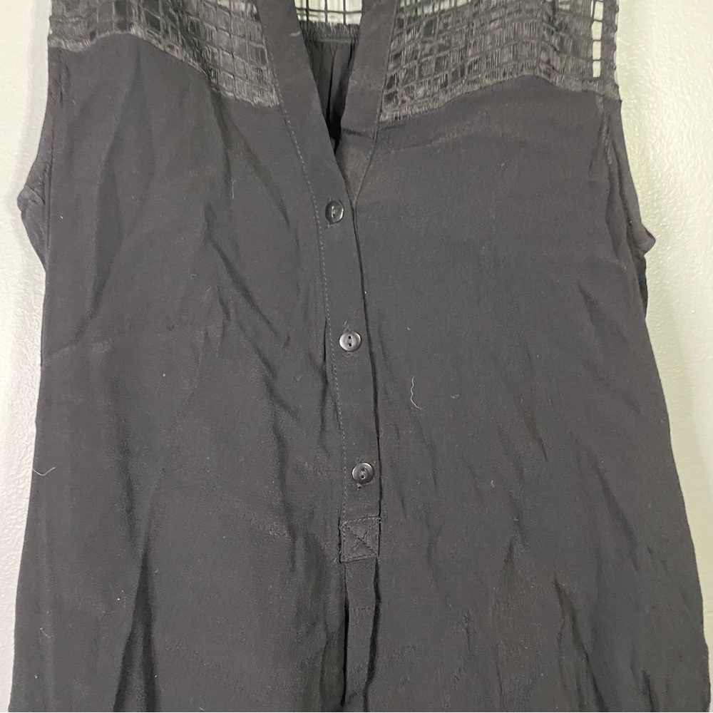 Pixley Black Sleeveless V Cut Mesh Lace Neckline Business Casual Office Blouse - Picture 5 of 6